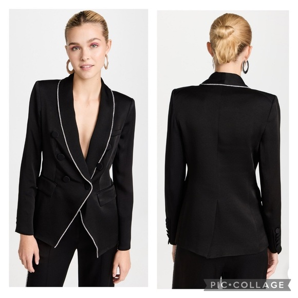 VERONICA BEARD | Jagger Crystal Embellished Piping Black Satin Dickey Jacket 4 - Picture 2 of 11